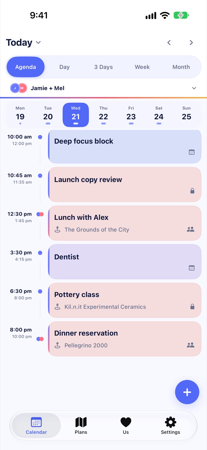 Melendar agenda for Jamie and Mel: deep focus, lunch with Alex, pottery and a dinner reservation