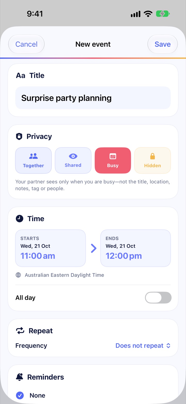 The new event screen with privacy set to Busy: your partner sees only when you are busy