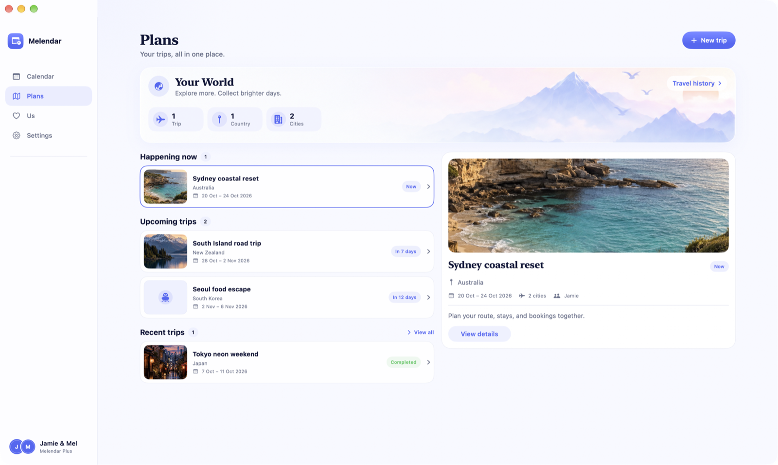 Melendar for Mac showing Plans with a sidebar, trips and a photo of Sydney