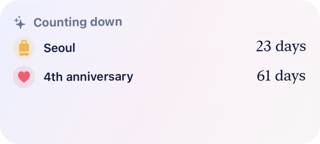 Counting down widget listing a trip and a 4th anniversary