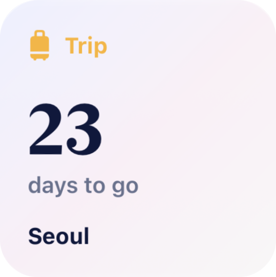 Countdown widget showing 23 days to a trip to Seoul