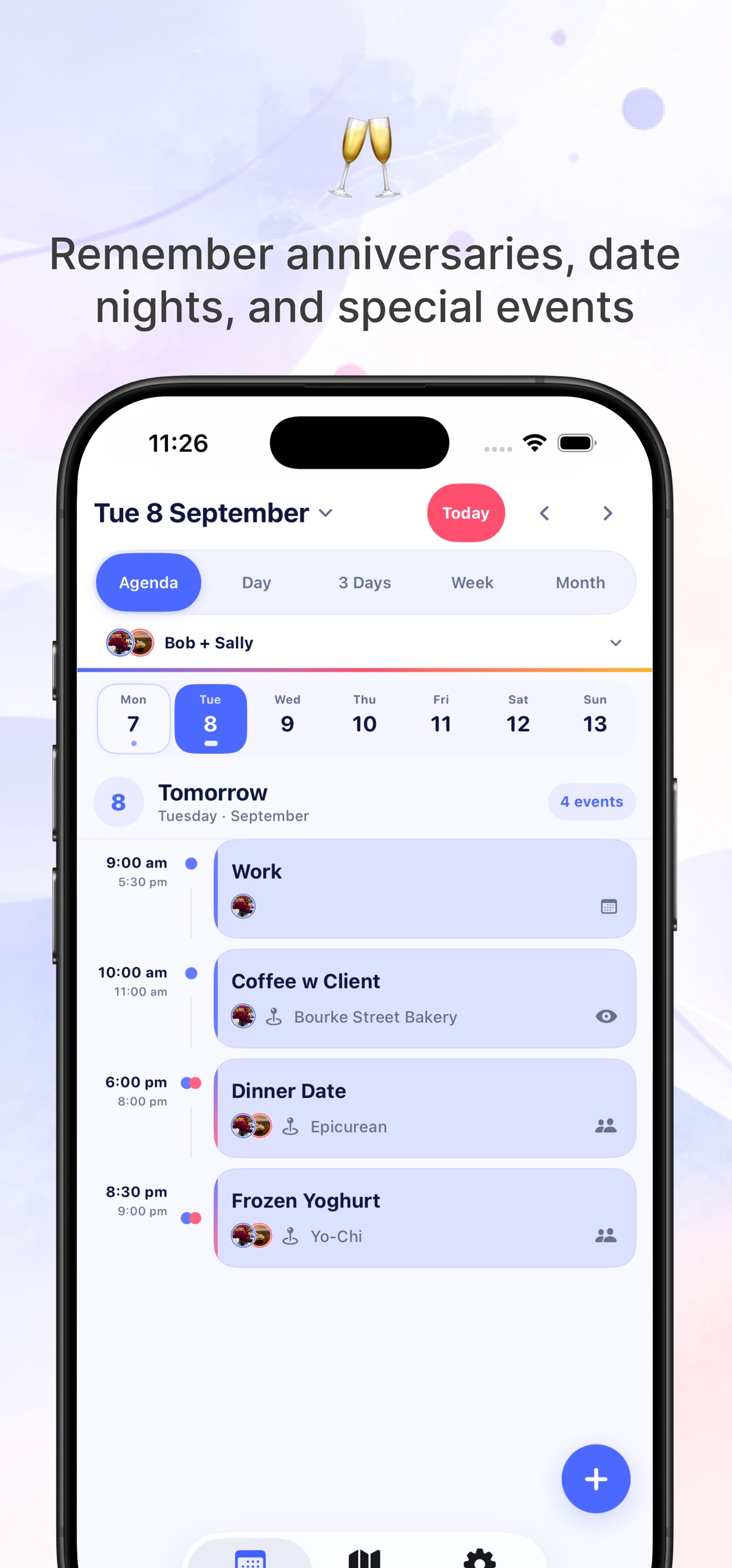 Melendar showing two partners' schedules in one agenda