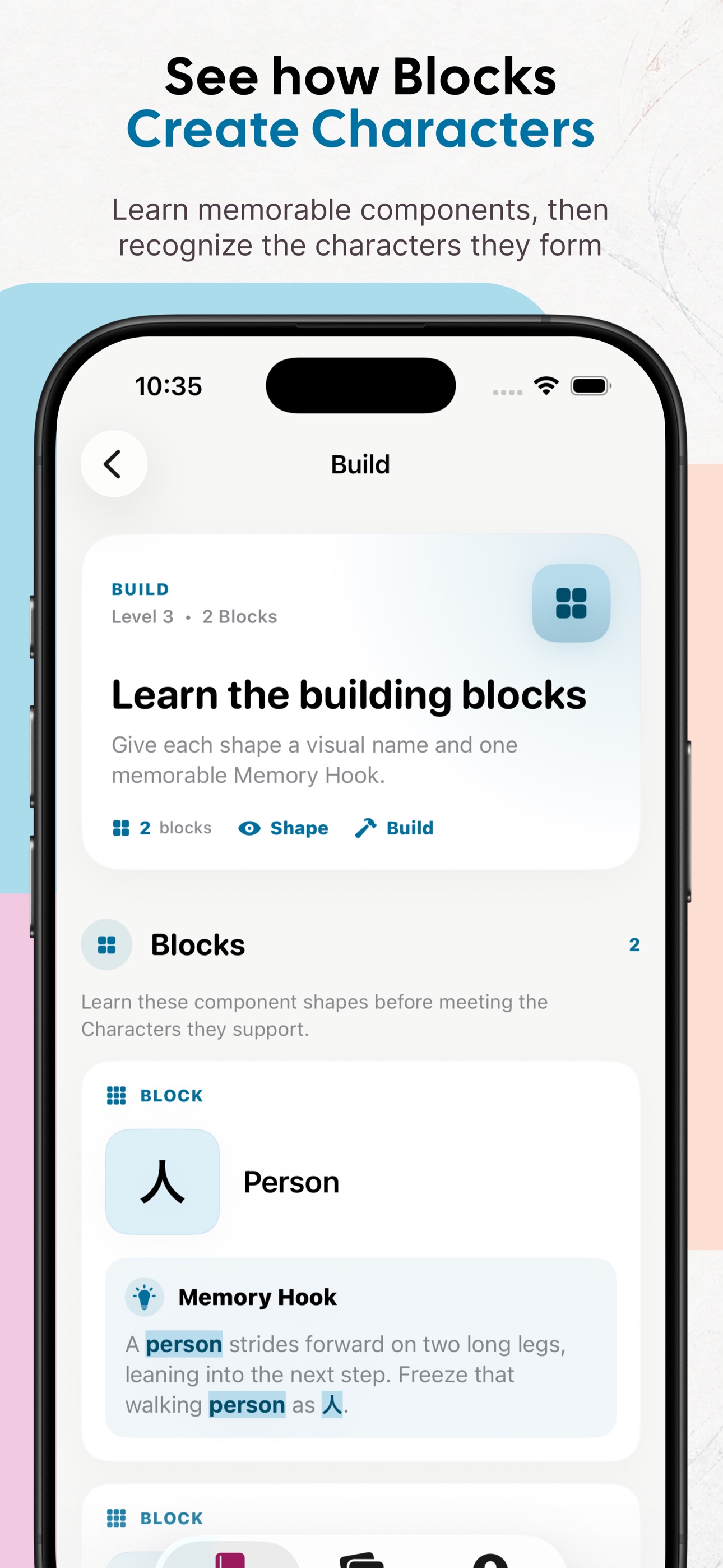 Ming Build screen teaching visual component Blocks and Memory Hooks for Chinese characters