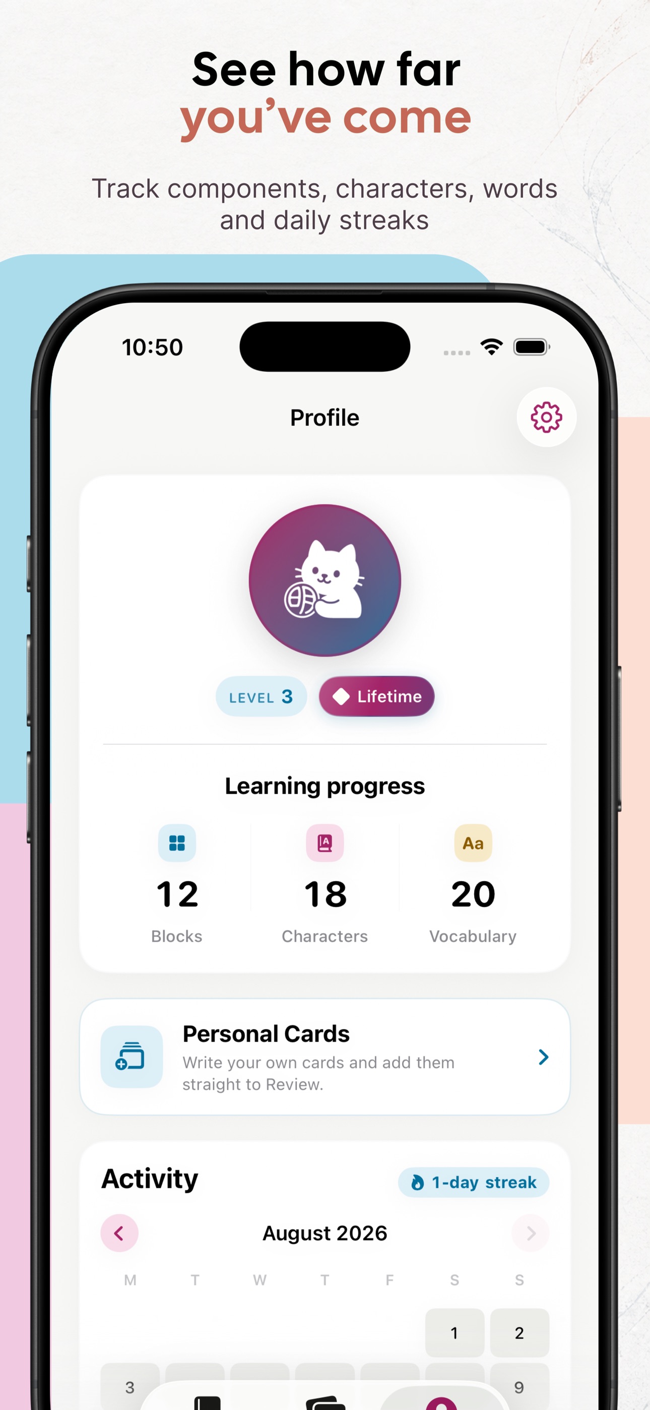 Ming Profile screen showing Blocks, Characters, Vocabulary, Personal Cards, and daily activity